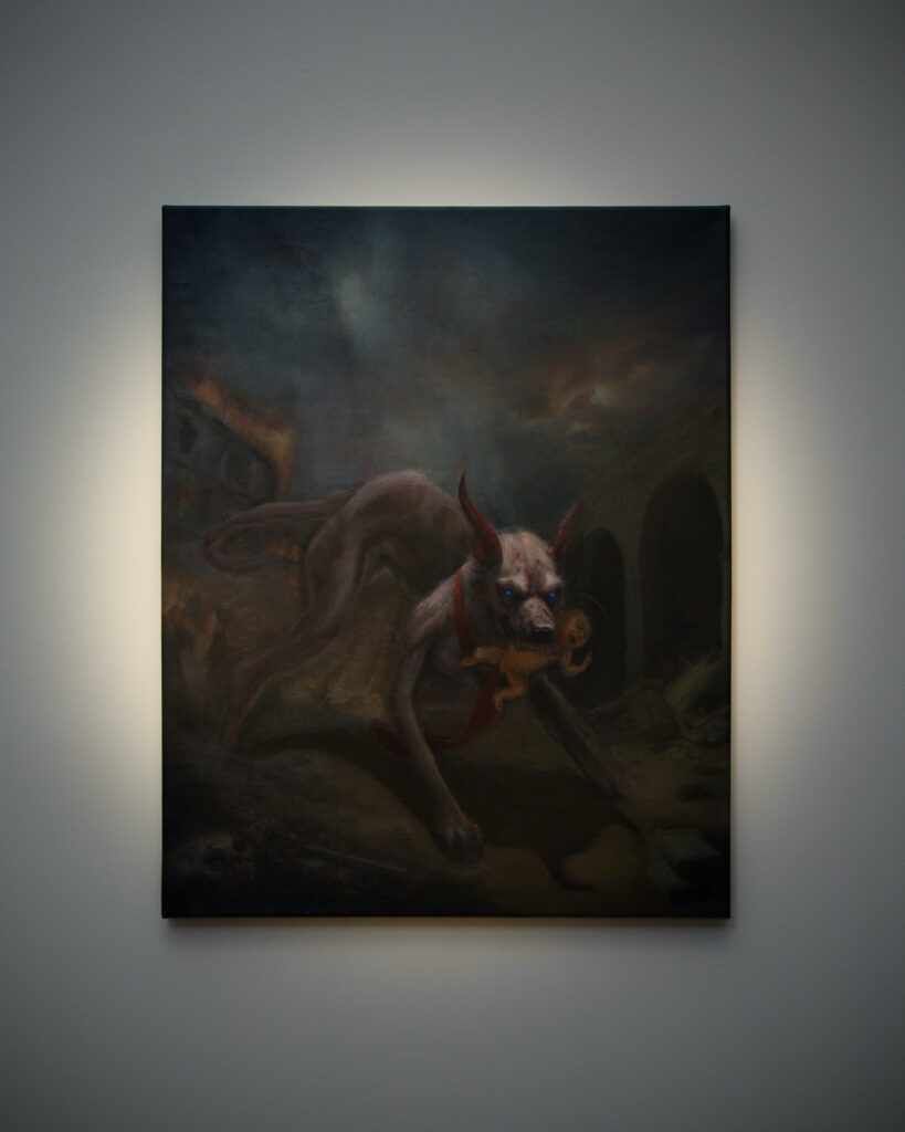**painting**Al tifl fi al maghara wa umoh Mariam wj7an yabkian 2024 80 x 100 cm Acrylic and oil on canvas