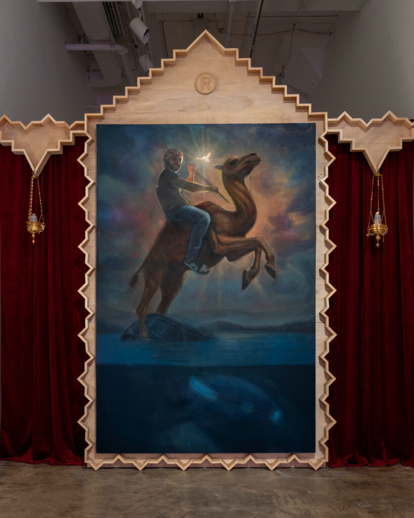 **painting** **installation** Andrew as Mar Jirius 2024 Oil and Acrylic on Canvas with Custom Wooden Frame, Curtains, Brass Candle Holders 144 inches by 144 inches