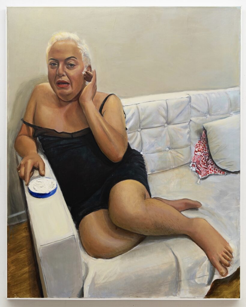 **painting** Sultana applying Nivea before bed, 2022, Oil and Acrylic on Canvas 48” x 58”