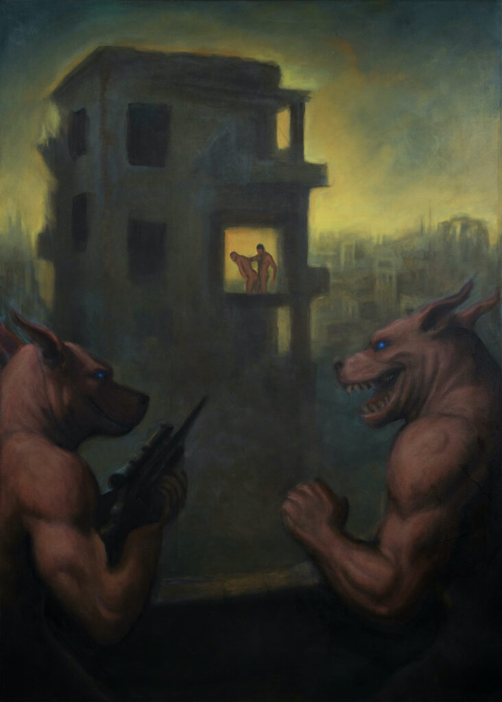**painting** How to get away with being thrown off Roofs 2025 52×72 inches Acrylic and oil on canvas